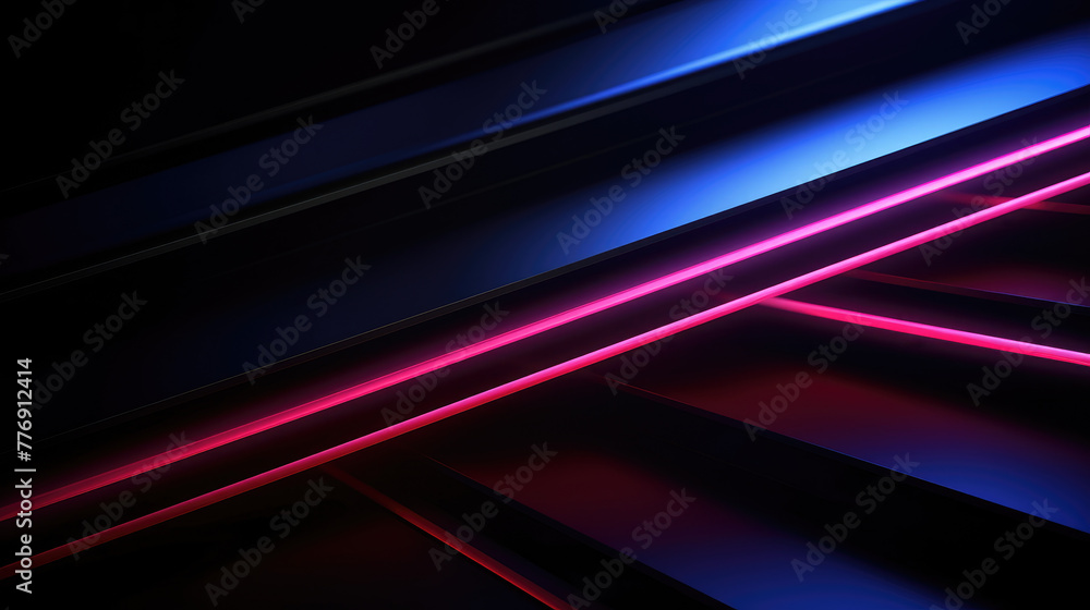 Dark abstract futuristic background. Diagonal neon lines, aglow, overlap layered. Pink and blue glow on dark black abstract background with empty blank copy space for design