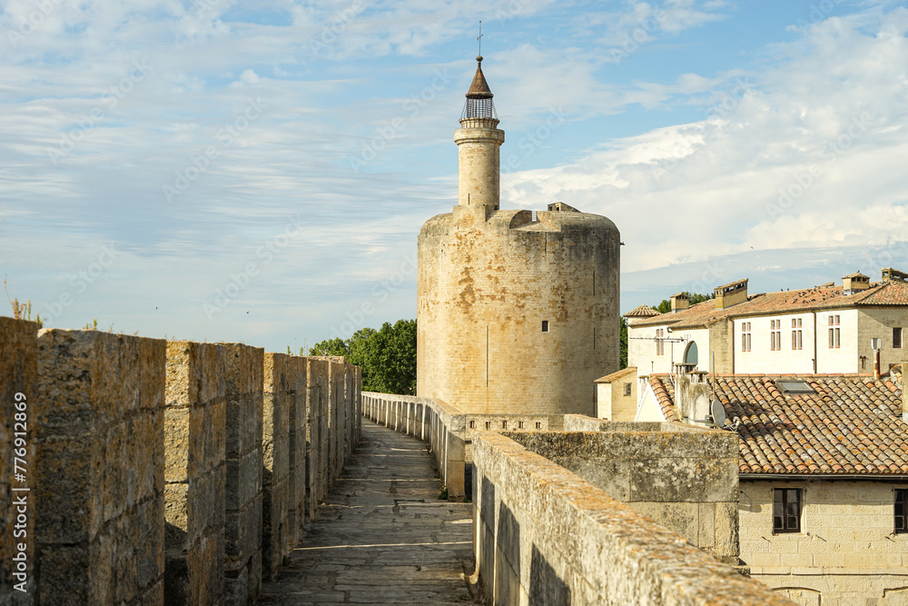 Aigues Mortes medieval ramparts with Constancy Tower panoramic walk, popular tourist attraction in Aigues Mortes, France
