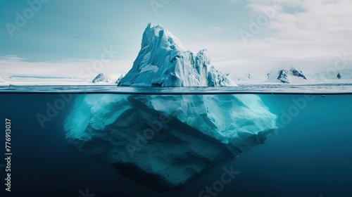 Minimalistic image of an iceberg in the ocean with a view under and above the water with a copy space. Generative AI © kovalovds