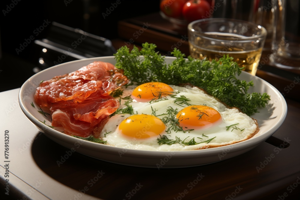 Fried eggs and sausage and becon on a plate in hotel room background for breakfast Fried eggs and sausage and becon on a plate in hotel room background for breakfast