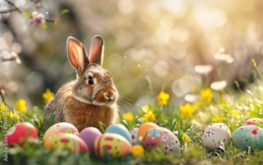 Rabbit with Easter eggs against spring backdrop Rabbit with Easter eggs against spring backdrop