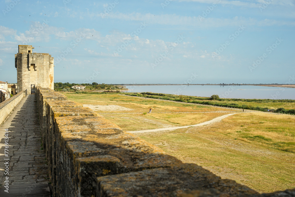 Pink salt lake aerial view (Salinas de Aigues Mortes) from medieval ramparts, Camargue, France