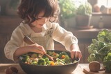 Child eating vegetables deliciously on dining table