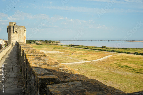 Obraz na płótnie Pink salt lake aerial view (Salinas de Aigues Mortes) from medieval ramparts, Camargue, France w salonie