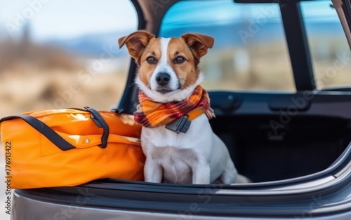 Dog with an orange duffel bag in a car trunk
