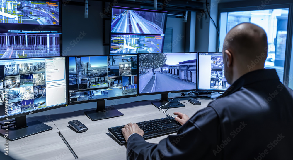 A man sitting at a desk in front of numerous monitors, monitoring various security feeds. A man sitting at a desk in front of numerous monitors, monitoring various security feeds.