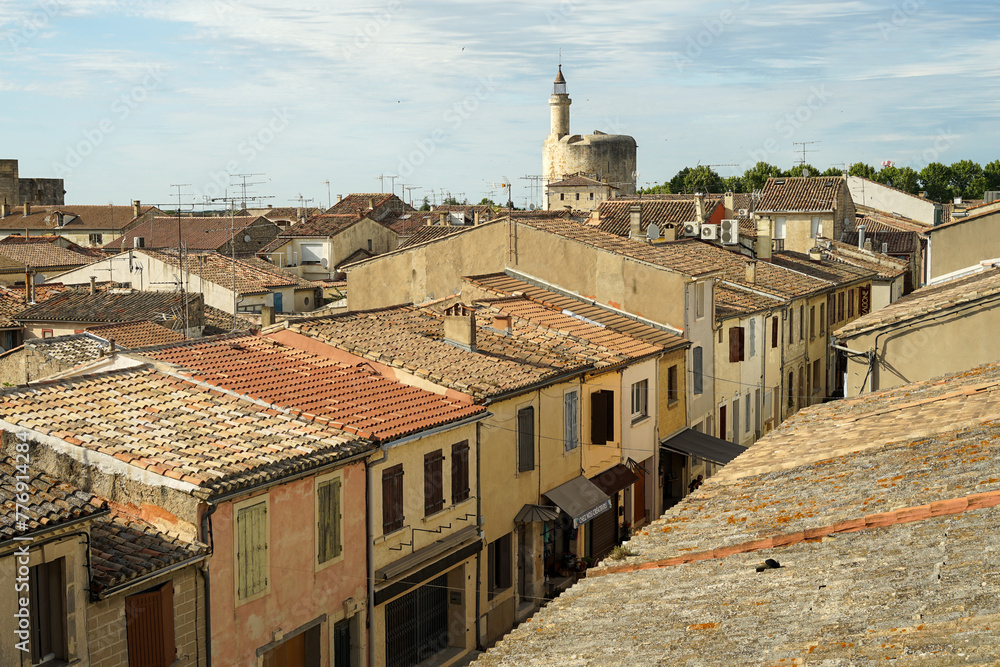 Aigues Mortes panoramic aerial view from medieval ramparts and Constancy Tower, France