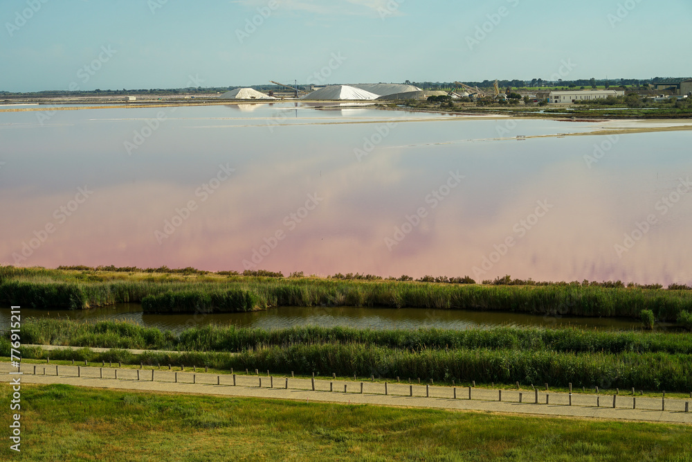 Pink salt lake aerial view (Salinas de Aigues Mortes), Camargue, France