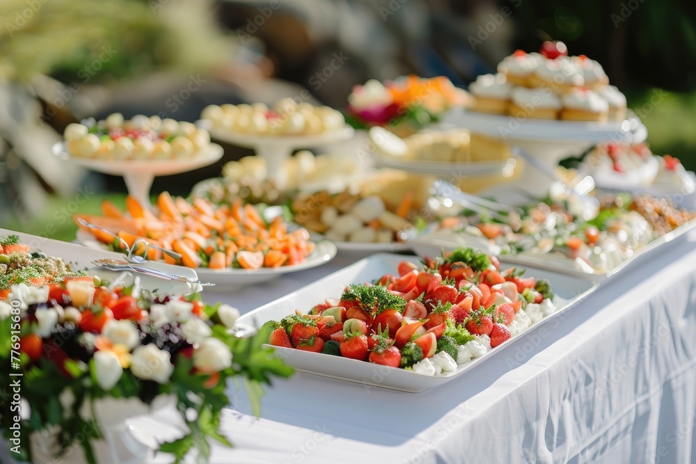 Catering buffet food indoor in luxury restaurant with meat colorful fruits and vegetables. Catering buffet food indoor in luxury restaurant with meat colorful fruits and vegetables.