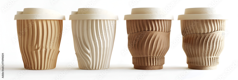 Many different craft paper disposable cups, Disposable Coffee Cup Vector Illustration With Flat Design. 
