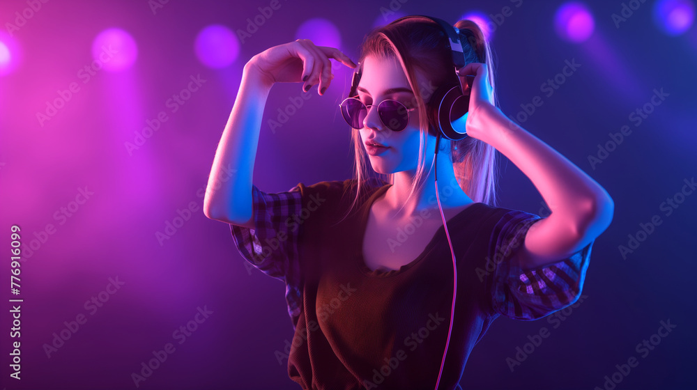Portrait close up a young woman is using headphones to listen to music as a hobby and a form of relaxation. generative ai illustration.