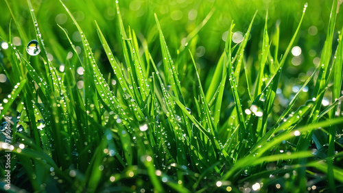 Green clear grass that shines in the morning sun with dewdrops. Generative AI
