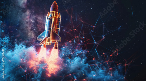 A striking depiction of a glowing, abstract space shuttle launch, complete with dynamic smoke effects, rendered in low poly wireframe on a dark, tech-inspired background