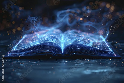 Futuristic holographic book, interactive reading technology on deep blue background