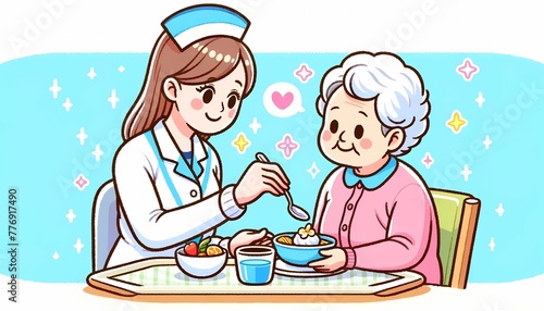介護施設で食事介助する女性看護師とシニア女性