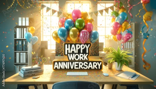 Celebratory Office Space with Balloons for Work Anniversary