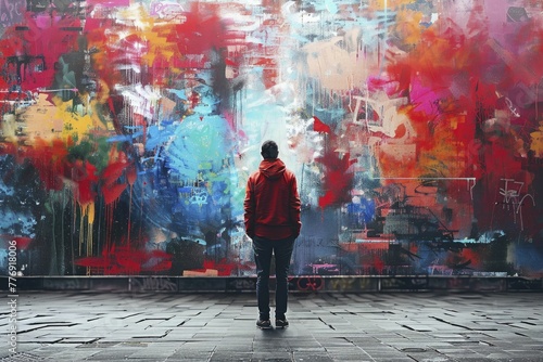 Interactive digital graffiti wall, art and tech fusion on urban grey background.