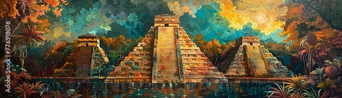Ancient Mayan Civilization, acrylic painting, pyramids and jungle environments , illustration