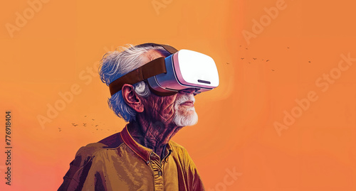 Old man wearing VR headset exploring the metaverse, minimal and clean. Concept illustration © Alisa