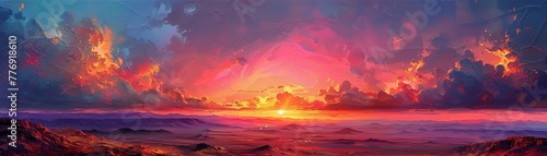 Australian Outback Sunset, acrylic landscape, rugged terrain and vibrant skies , sci-fi tone © Phawika