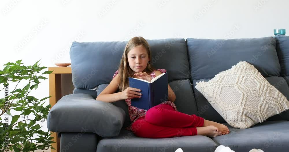 Girl sitting on a sofa at home reading a book Girl sitting on a sofa at home reading a book