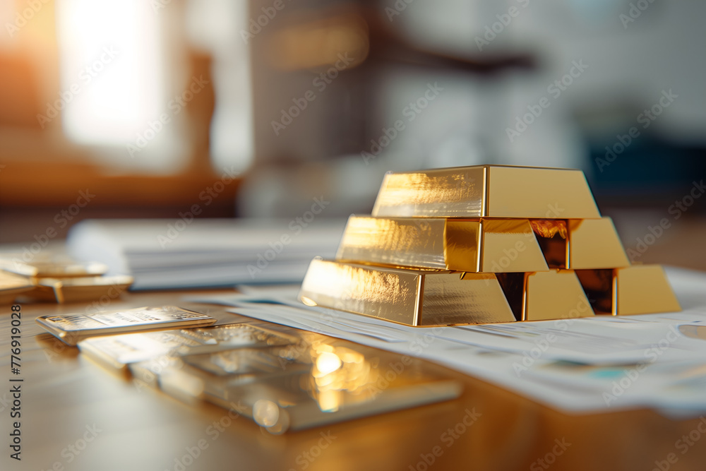Stack of gold bars on table with finance document representing wealth, investment, and financial security. Stack of gold bars on table with finance document representing wealth, investment, and financial security.
