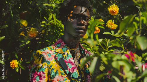 A black man stands amidst a greeneryfilled garden donning a bold outfit adorned with vibrant flower patterns. The fusion of high fashion and natural elements is evident in his avantgarde . photo