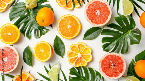 A vibrant arrangement of sliced fruits, interspersed with lush green tropical leaves, forms an artistic pattern, isolated on a white background, offering a fresh summer vibe © arhendrix