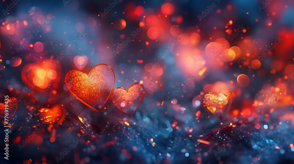 Several heart shapes appear to be suspended, emitting a warm, radiant glow against a mesmerizing bokeh background drenched in shades of blue and red, creating a sense of romantic fantasy ambience