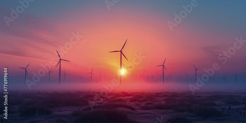 Silhouetted wind turbines embody the clean energy concept against a backdrop of an orange sky at sunset.