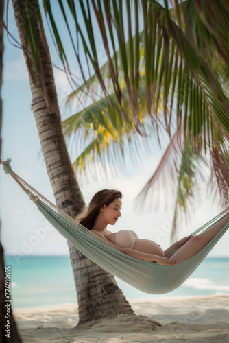 Professional Photography of a Pregnant Supermodel Reclining on a Hammock Strung Between Two Palm Trees on a Tropical Beach, Generative AI