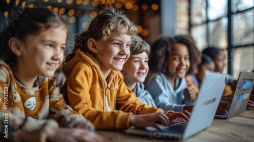 A shot of the laptop screen  showing the educational content happy students are learning on