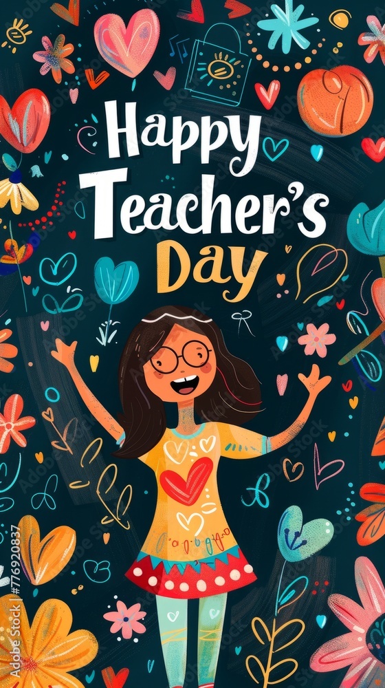 A cartoon illustration of a Happy Teachers Day card being held by a girl with a heart
