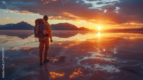 Backpacker standing on the flooded Bonneville salt flats, sunset photo