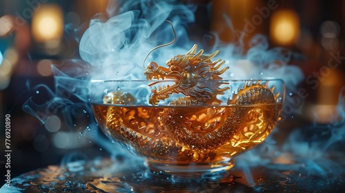 Dragon, harlem renaissance, Molecular Gastronomy, tea ceremony, floating , sci-fi tone