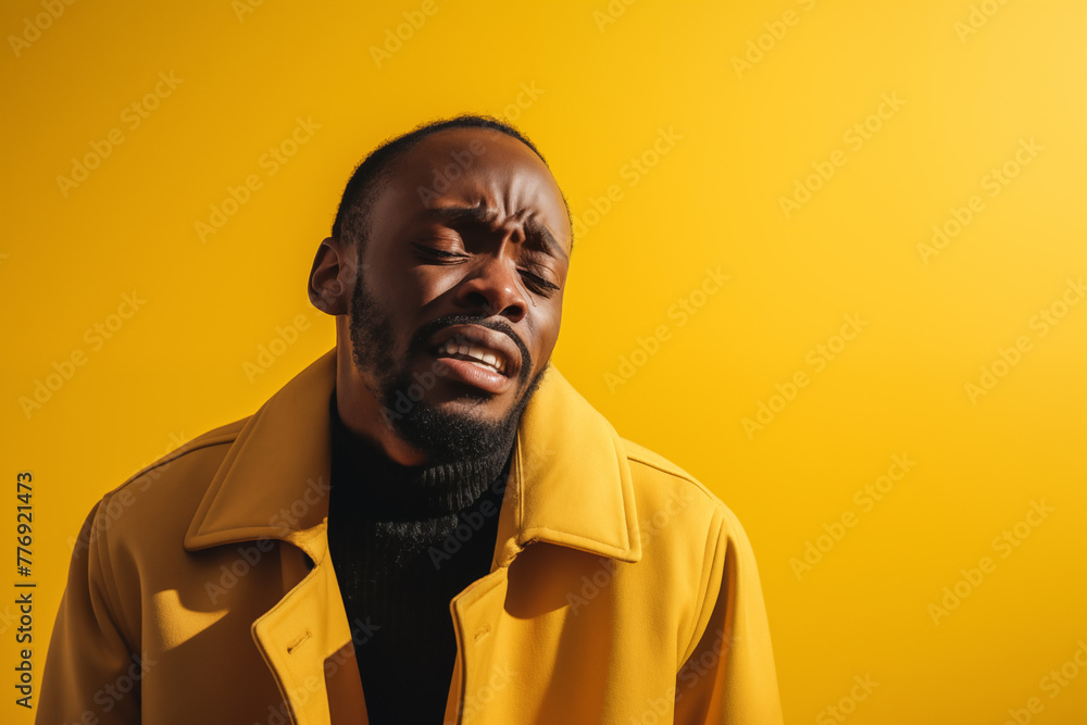 A black man in his 30s wearing a yellow coat crying exaggeratedly and overactingly on a yellow background