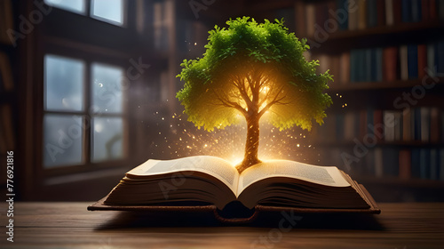 Small tree is on opened book page. Book is one kind of tree that helps you in any situation. Book and tree concept. World book day. Back to school concept. photo