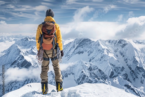 a person standing on a snowy mountain looking at the mountains
