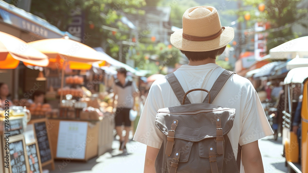 Rear view of A young man with a radiant smile wearing a sun hat and casual clothes enjoys a sunny day while exploring vibrant city streets.