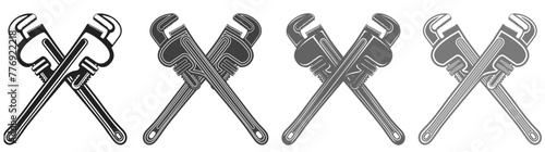 Set metallic adjustable pipe wrench icon. plumbing service logo vector illustration