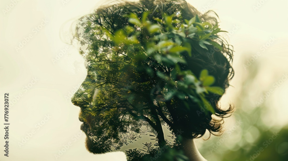 Double exposure of man's head and green
