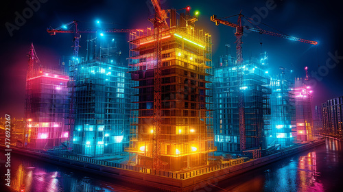 A building under construction illuminated by bright lights at night, showcasing ongoing construction work