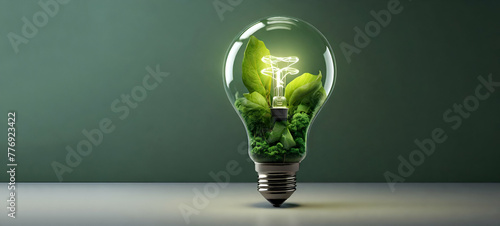 A bright green shining light bulbConceptual energy saving incandescent LED light bulb against a black background generative by ai...