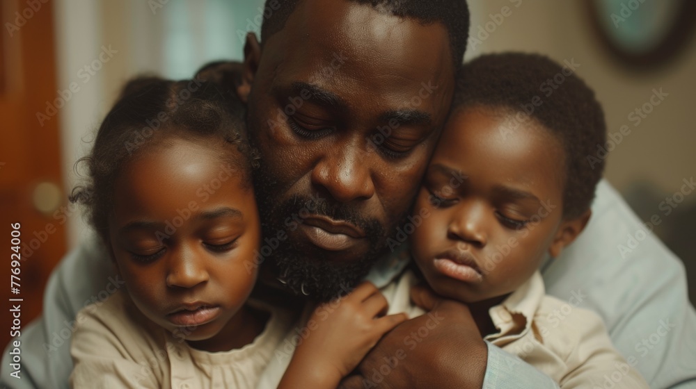 A man hugging two children with a beard and glasses, AI A man hugging two children with a beard and glasses, AI