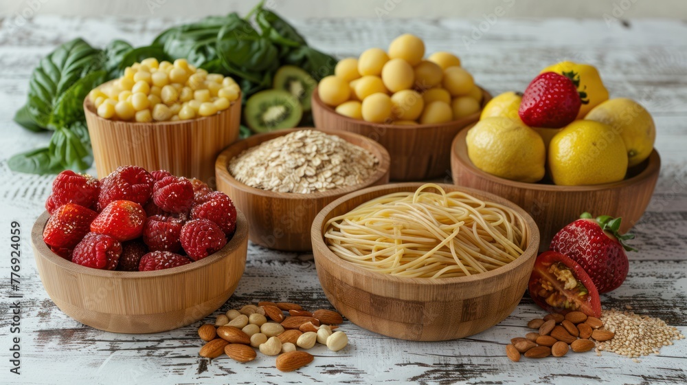 Group of food with high content of dietary fiber arranged side by side on the table
