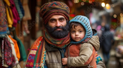 A man with a beard and scarf holding his child, AI © starush