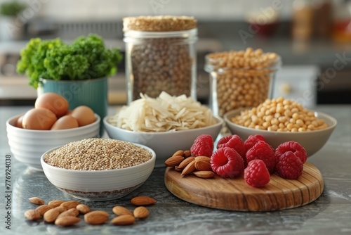 Group of food with high content of dietary fiber arranged side by side on the table photo