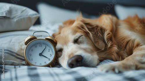 peaceful scene unfolds as a dog sleeps soundly next to an alarm clock on a cozy bed in an apartment, capturing relaxation and tranquility