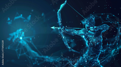 abstract stock market theme, this futuristic hologram illustration in technology blue showcases a digital target with a bow arrow hitting the bullseye, intertwined with a Japanese candlestick pattern © arhendrix