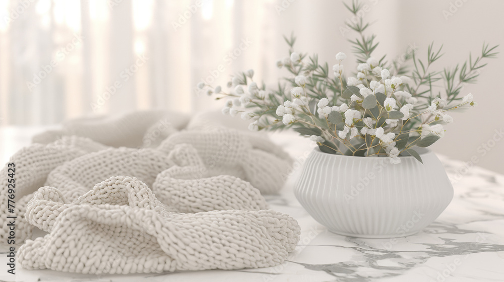 A white blanket is draped over a table with a white vase of flowers in the center. Concept of warmth and comfort, as the blanket and flowers create a cozy atmosphere